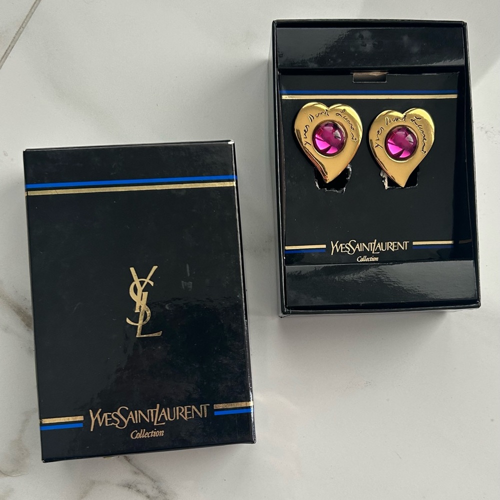 Yves Saint Laurent Vintage Gold Earrings with Pink Cobochon